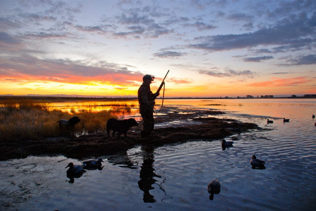 A waterfowl hunter silhouetted at sunrise
